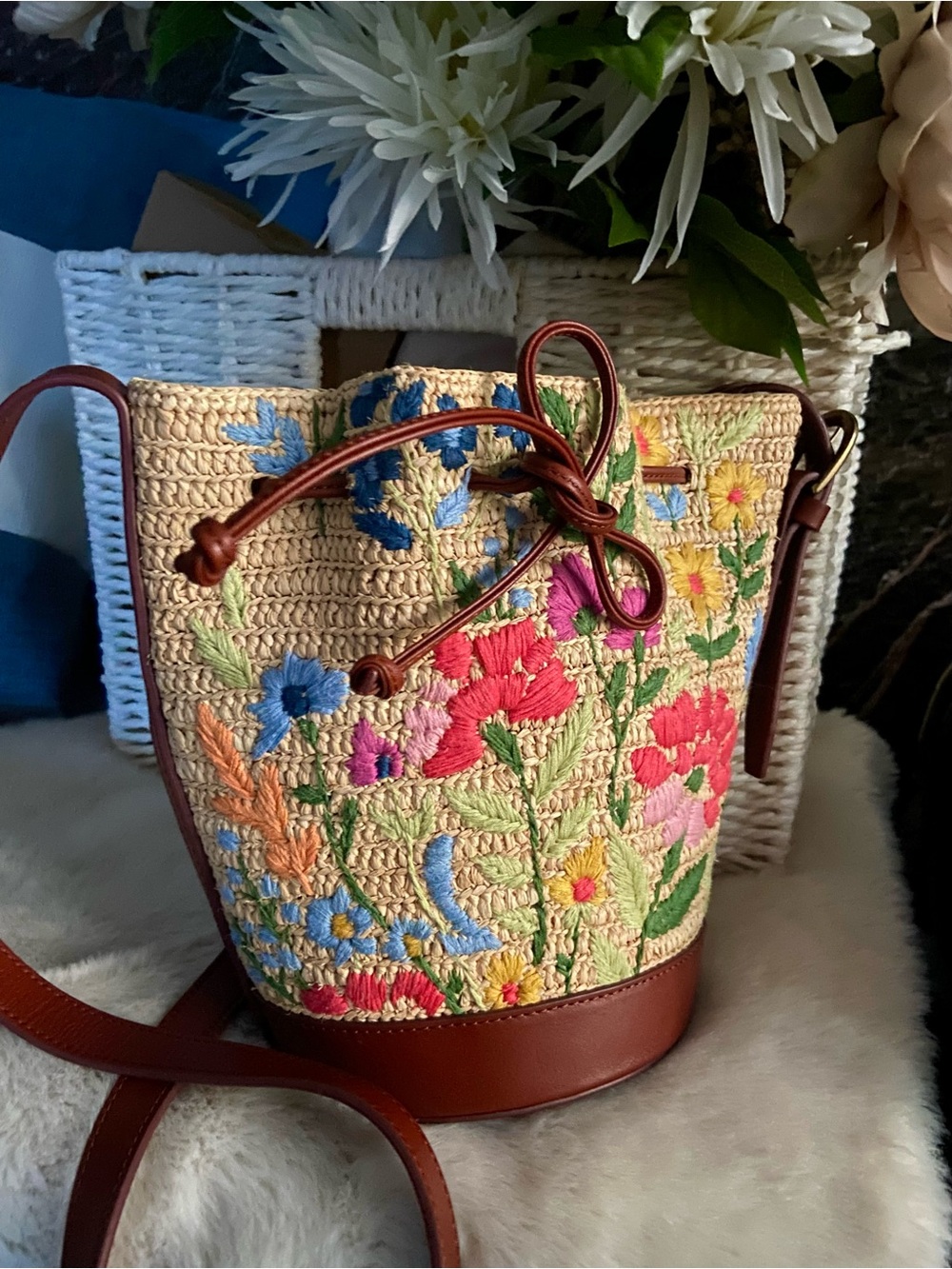 Sezane Embroidered Mini Farrow Raffia Bag